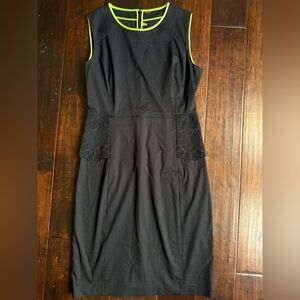 Elie Tahari Black Sleeveless Sheath Dress with Neon Trim and Eyelet Lace Peplum